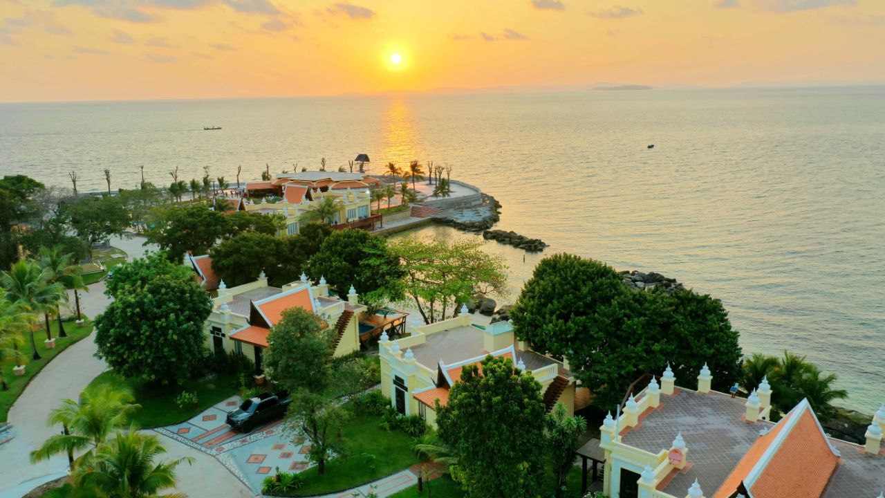 Aerial sunset view of Try Palace Resort Sihanoukville